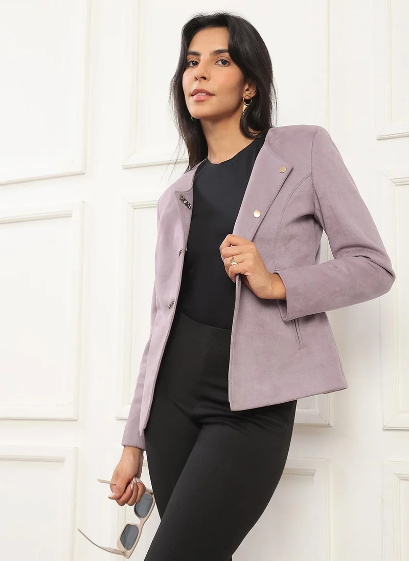جلو باص Globus Women Mauve Round Neck Long Sleeves Self Design Suede 2 Pockets Soft Functional Winterwear Overcoat